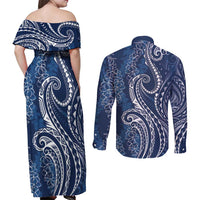 Polynesia Plumeria Lei Couples Matching Off Shoulder Maxi Dress and Long Sleeve Button Shirt Navy Blue Curves Motif LT7 - Polynesian Pride