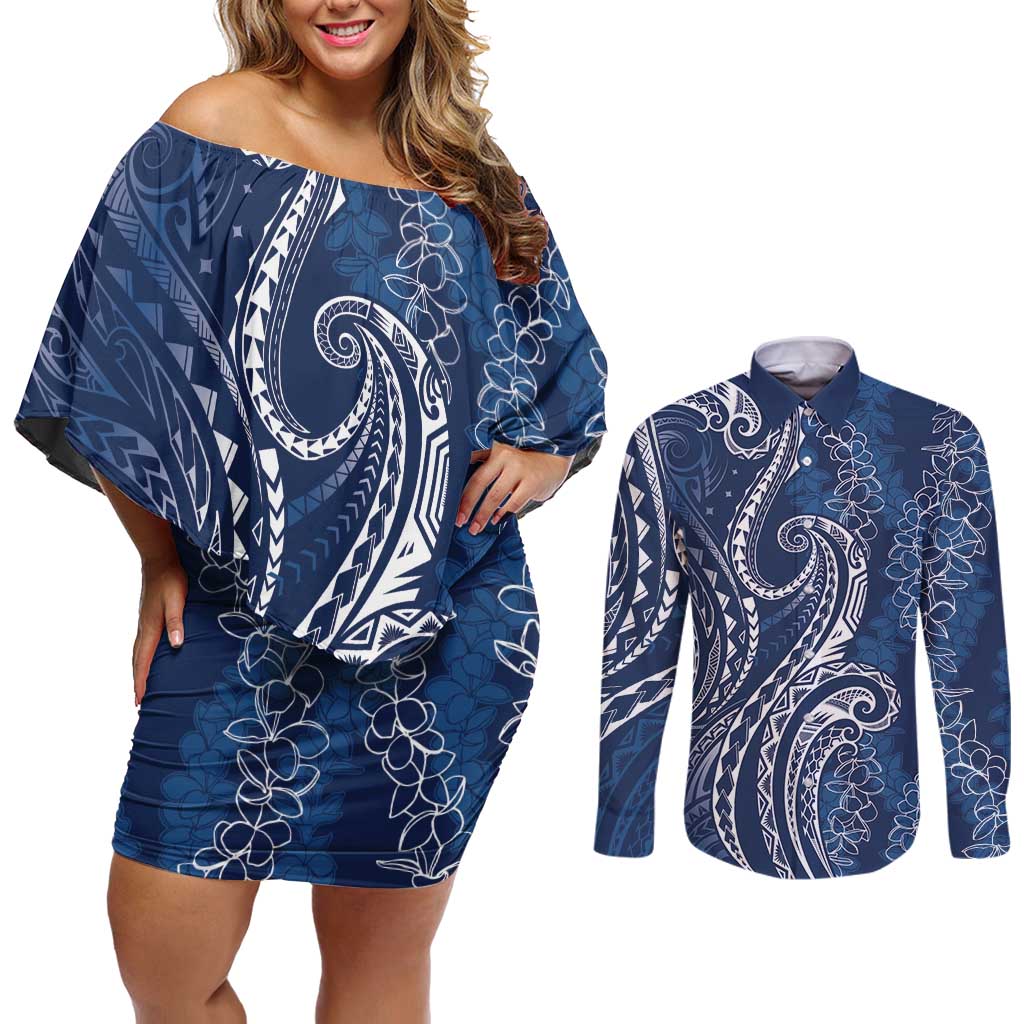 Polynesia Plumeria Lei Couples Matching Off Shoulder Short Dress and Long Sleeve Button Shirt Navy Blue Curves Motif LT7 Navy Blue - Polynesian Pride