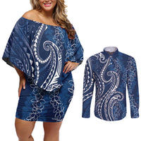 Polynesia Plumeria Lei Couples Matching Off Shoulder Short Dress and Long Sleeve Button Shirt Navy Blue Curves Motif LT7 Navy Blue - Polynesian Pride