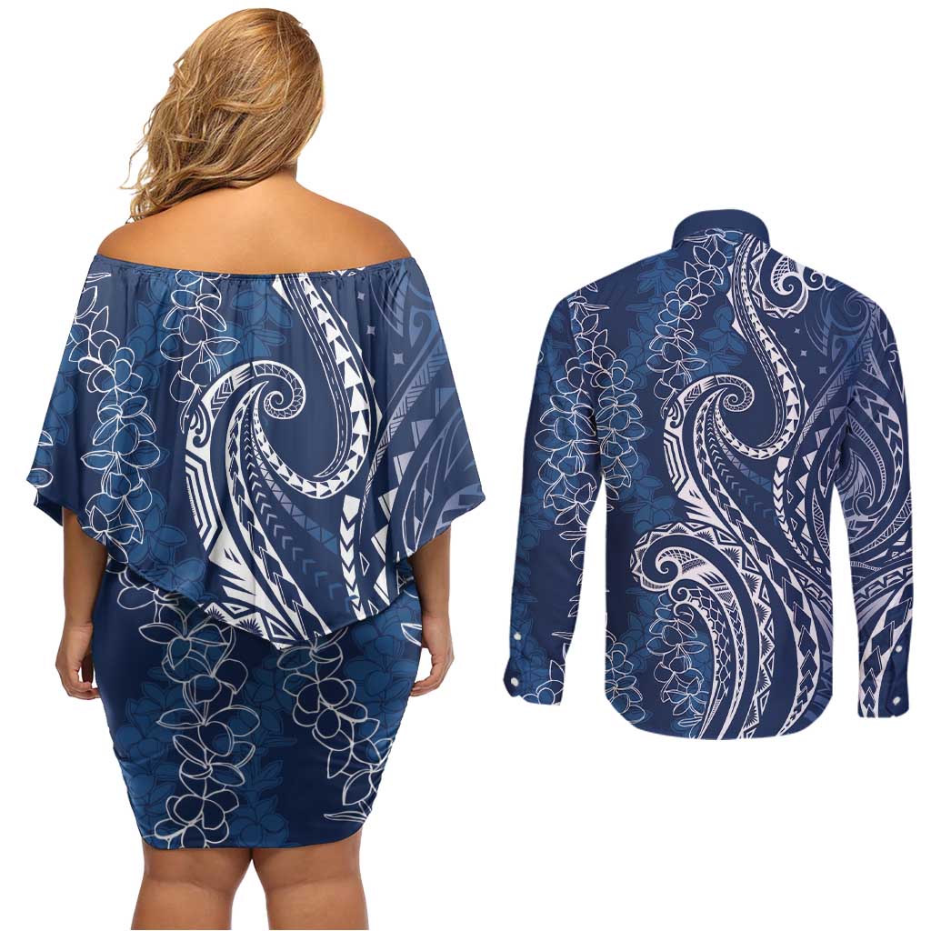 Polynesia Plumeria Lei Couples Matching Off Shoulder Short Dress and Long Sleeve Button Shirt Navy Blue Curves Motif LT7 - Polynesian Pride