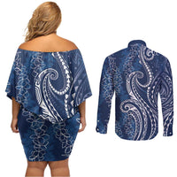Polynesia Plumeria Lei Couples Matching Off Shoulder Short Dress and Long Sleeve Button Shirt Navy Blue Curves Motif LT7 - Polynesian Pride