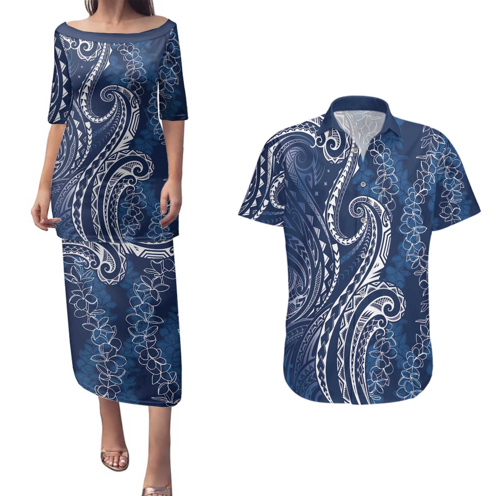 Polynesia Plumeria Lei Couples Matching Puletasi and Hawaiian Shirt Navy Blue Curves Motif LT7 Navy Blue - Polynesian Pride