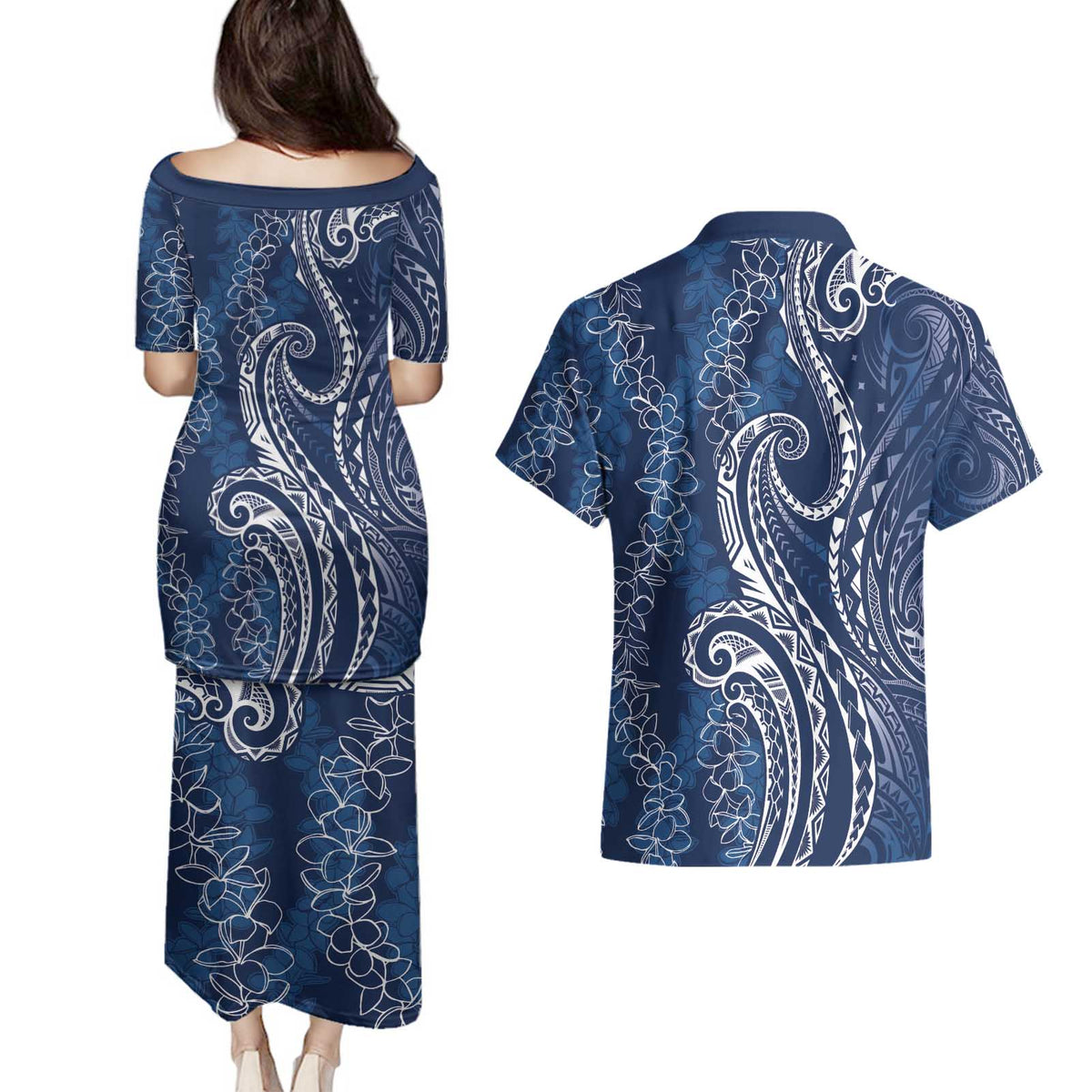 Polynesia Plumeria Lei Couples Matching Puletasi and Hawaiian Shirt Navy Blue Curves Motif LT7 - Polynesian Pride