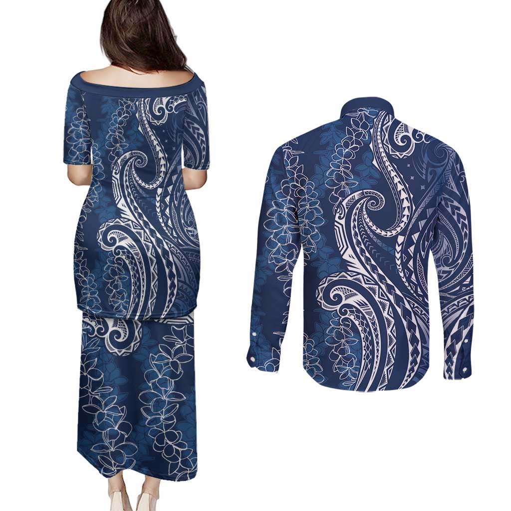 Polynesia Plumeria Lei Couples Matching Puletasi and Long Sleeve Button Shirt Navy Blue Curves Motif LT7 - Polynesian Pride