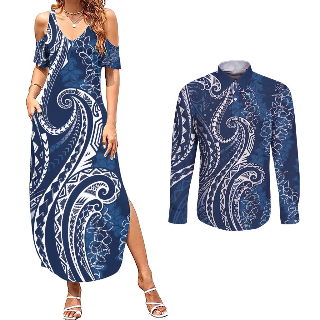 Polynesia Plumeria Lei Couples Matching Summer Maxi Dress and Long Sleeve Button Shirt Navy Blue Curves Motif LT7 Navy Blue - Polynesian Pride