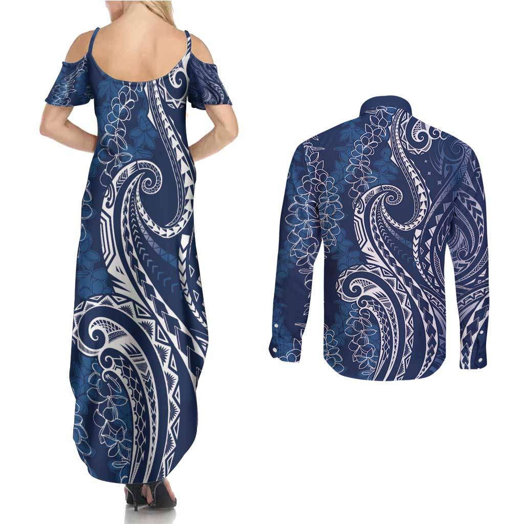 Polynesia Plumeria Lei Couples Matching Summer Maxi Dress and Long Sleeve Button Shirt Navy Blue Curves Motif LT7 - Polynesian Pride