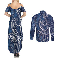 Polynesia Plumeria Lei Couples Matching Summer Maxi Dress and Long Sleeve Button Shirt Navy Blue Curves Motif LT7 - Polynesian Pride