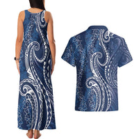 Polynesia Plumeria Lei Couples Matching Tank Maxi Dress and Hawaiian Shirt Navy Blue Curves Motif LT7 - Polynesian Pride