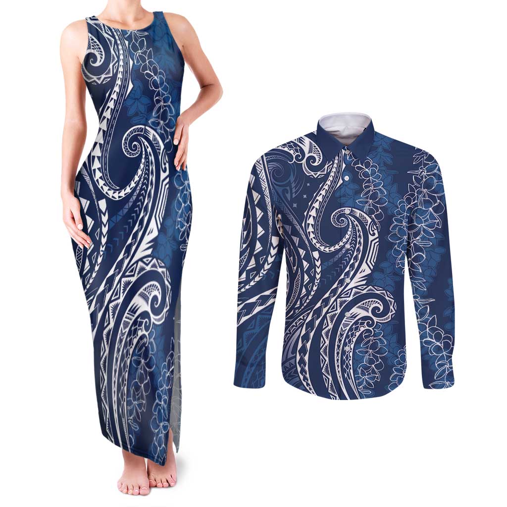 Polynesia Plumeria Lei Couples Matching Tank Maxi Dress and Long Sleeve Button Shirt Navy Blue Curves Motif LT7 Navy Blue - Polynesian Pride