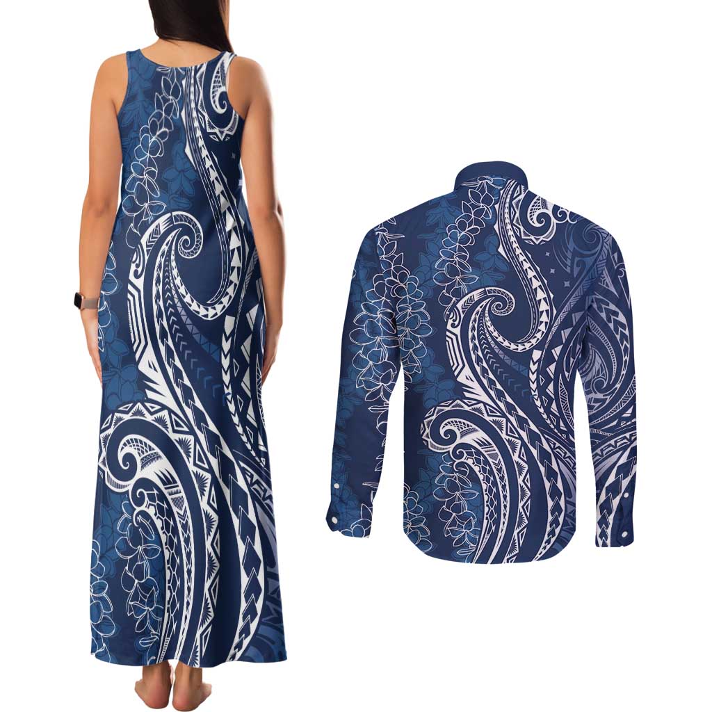 Polynesia Plumeria Lei Couples Matching Tank Maxi Dress and Long Sleeve Button Shirt Navy Blue Curves Motif LT7 - Polynesian Pride