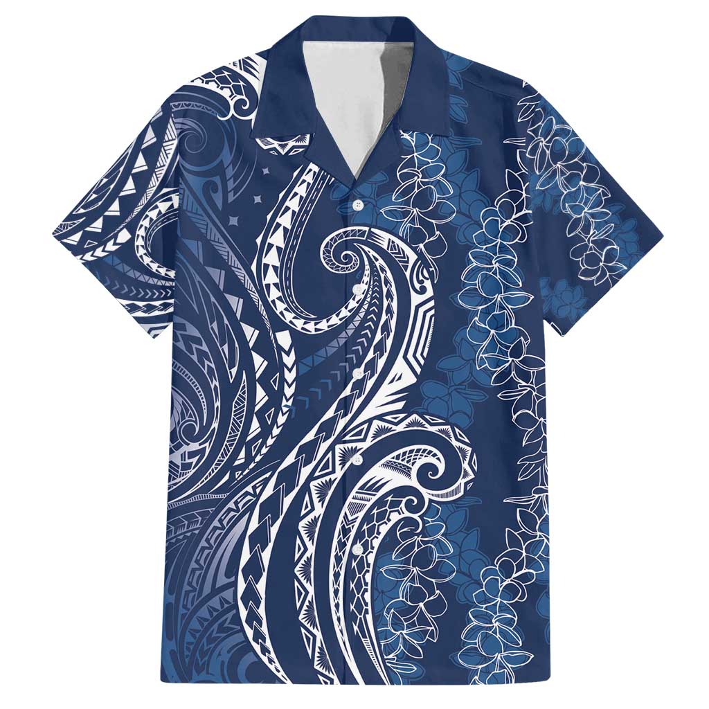 Polynesia Plumeria Lei Family Matching Long Sleeve Bodycon Dress and Hawaiian Shirt Navy Blue Curves Motif