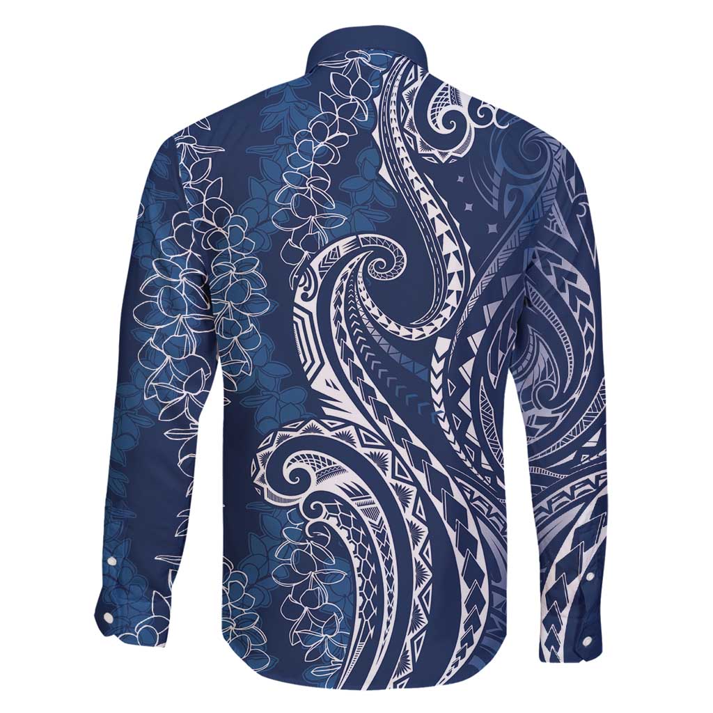 Polynesia Plumeria Lei Family Matching Long Sleeve Bodycon Dress and Hawaiian Shirt Navy Blue Curves Motif