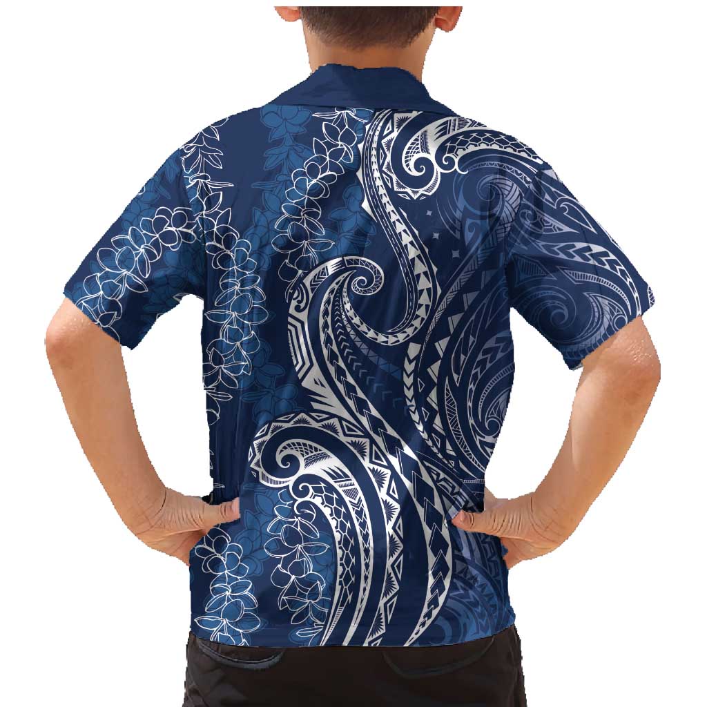 Polynesia Plumeria Lei Family Matching Mermaid Dress and Hawaiian Shirt Navy Blue Curves Motif