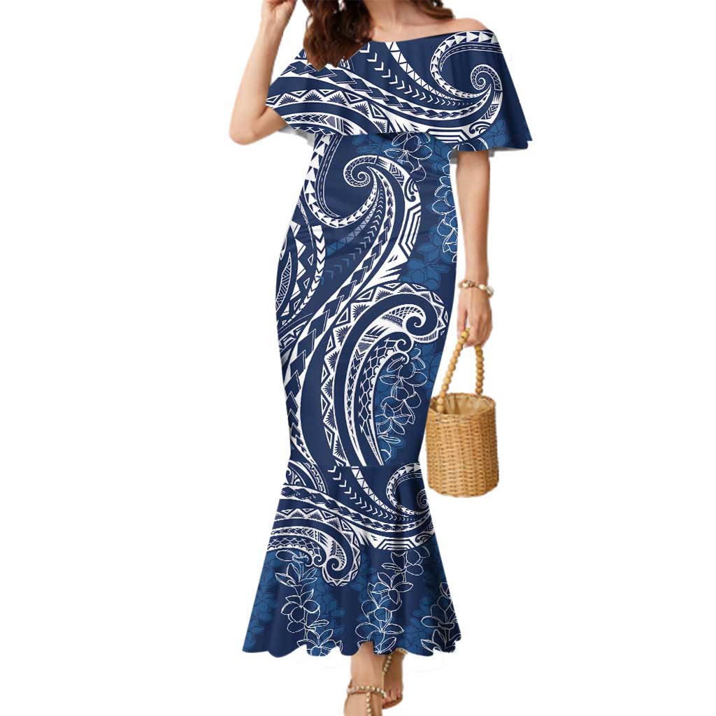 Polynesia Plumeria Lei Family Matching Mermaid Dress and Hawaiian Shirt Navy Blue Curves Motif