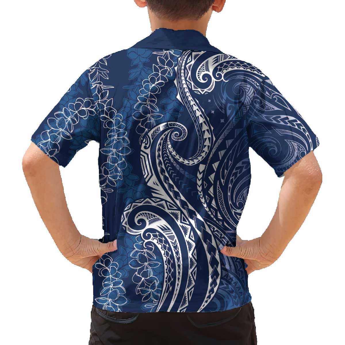Polynesia Plumeria Lei Family Matching Off The Shoulder Long Sleeve Dress and Hawaiian Shirt Navy Blue Curves Motif