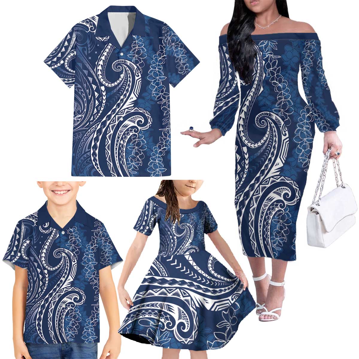 Polynesia Plumeria Lei Family Matching Off The Shoulder Long Sleeve Dress and Hawaiian Shirt Navy Blue Curves Motif LT7 - Polynesian Pride