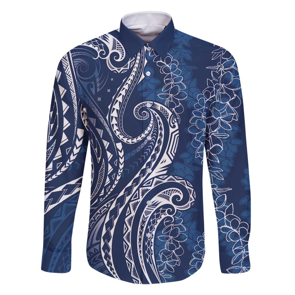 Polynesia Plumeria Lei Family Matching Off Shoulder Maxi Dress and Hawaiian Shirt Navy Blue Curves Motif
