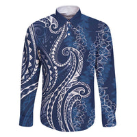 Polynesia Plumeria Lei Family Matching Off Shoulder Short Dress and Hawaiian Shirt Navy Blue Curves Motif