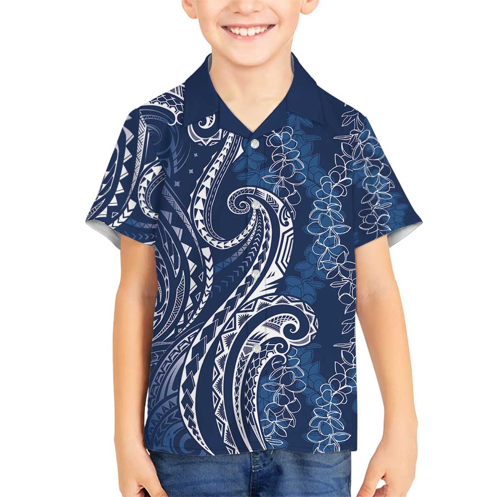 Polynesia Plumeria Lei Family Matching Off Shoulder Short Dress and Hawaiian Shirt Navy Blue Curves Motif