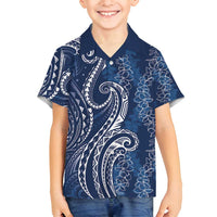 Polynesia Plumeria Lei Family Matching Off Shoulder Short Dress and Hawaiian Shirt Navy Blue Curves Motif