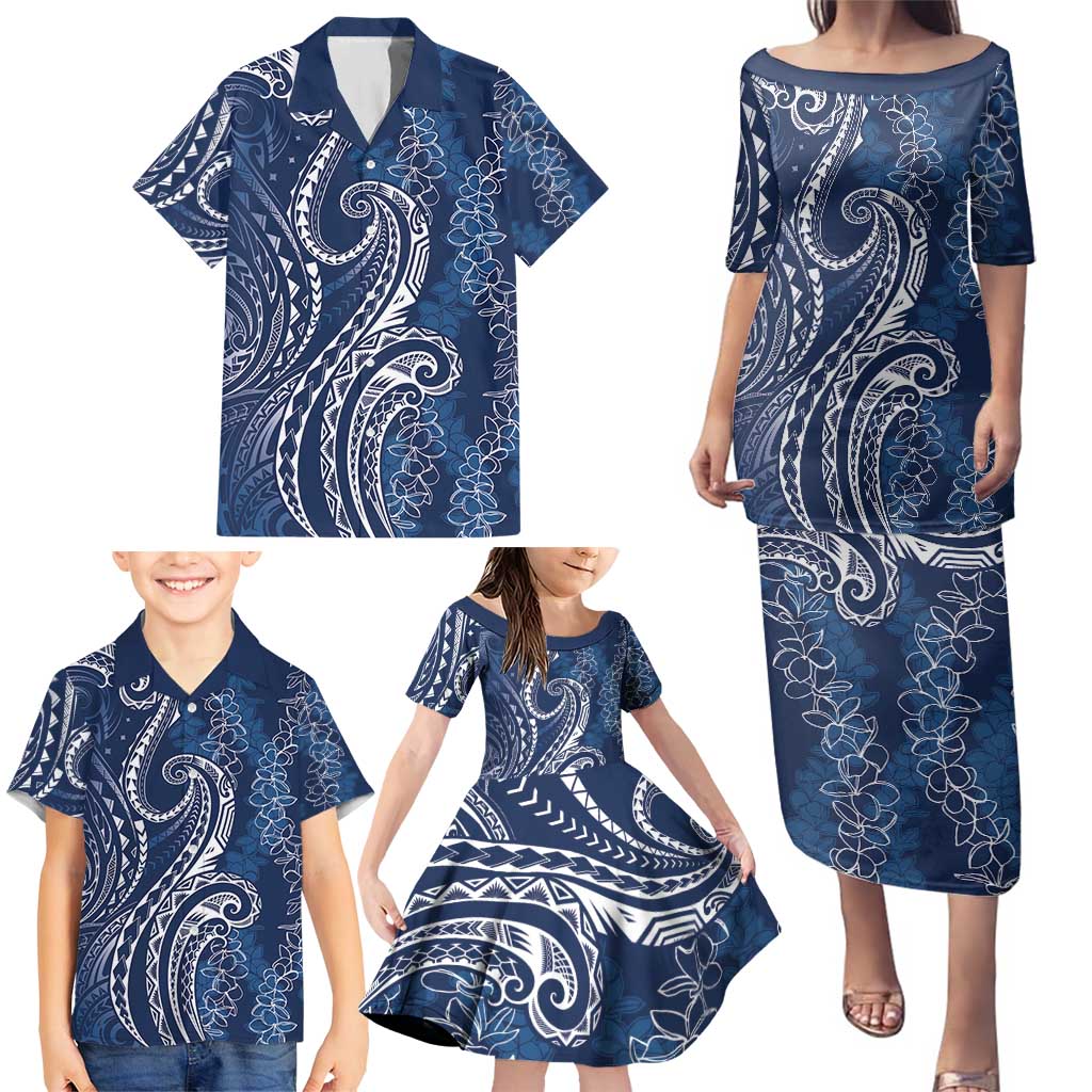 Polynesia Plumeria Lei Family Matching Puletasi and Hawaiian Shirt Navy Blue Curves Motif LT7 - Polynesian Pride