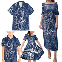 Polynesia Plumeria Lei Family Matching Puletasi and Hawaiian Shirt Navy Blue Curves Motif