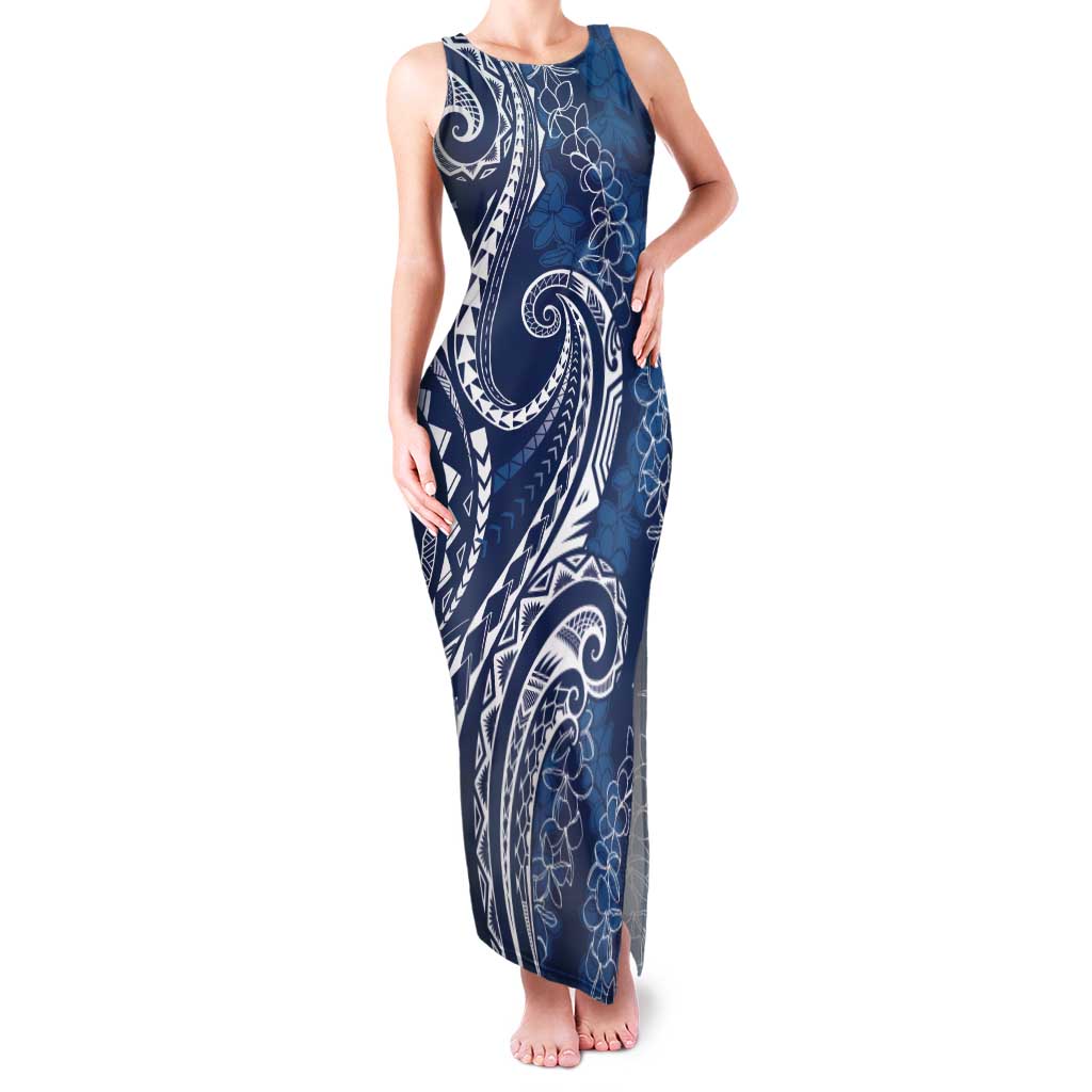 Polynesia Plumeria Lei Family Matching Tank Maxi Dress and Hawaiian Shirt Navy Blue Curves Motif