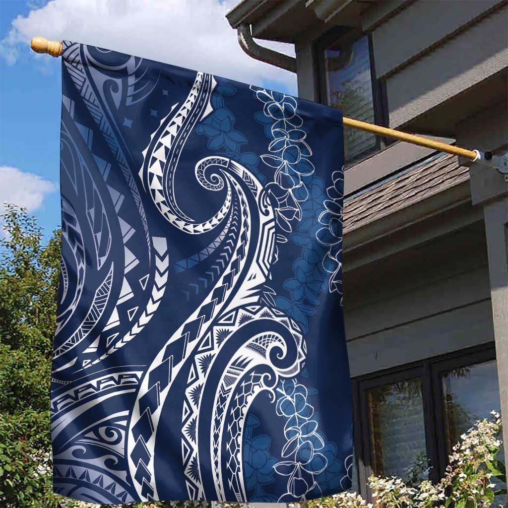Polynesia Plumeria Lei Garden Flag Navy Blue Curves Motif