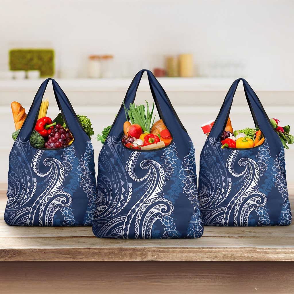 Polynesia Plumeria Lei Grocery Bag Navy Blue Curves Motif LT7 3-pack One Size Navy Blue - Polynesian Pride