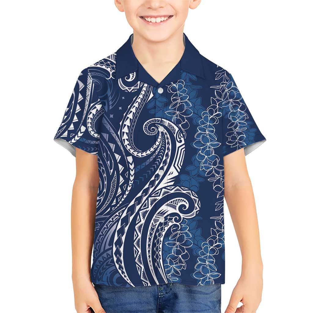 Polynesia Plumeria Lei Kid Hawaiian Shirt Navy Blue Curves Motif LT7 Kid Navy Blue - Polynesian Pride