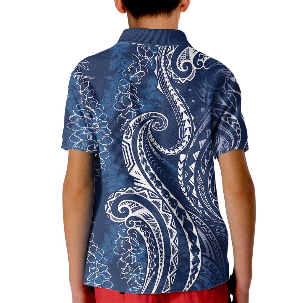 Polynesia Plumeria Lei Kid Polo Shirt Navy Blue Curves Motif