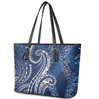 Polynesia Plumeria Lei Leather Tote Bag Navy Blue Curves Motif
