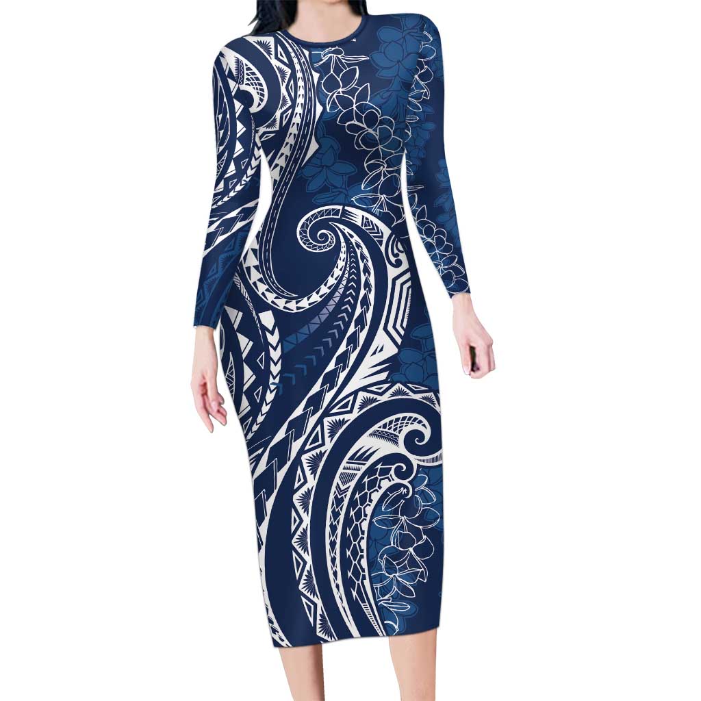 Polynesia Plumeria Lei Long Sleeve Bodycon Dress Navy Blue Curves Motif