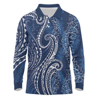 Polynesia Plumeria Lei Long Sleeve Polo Shirt Navy Blue Curves Motif