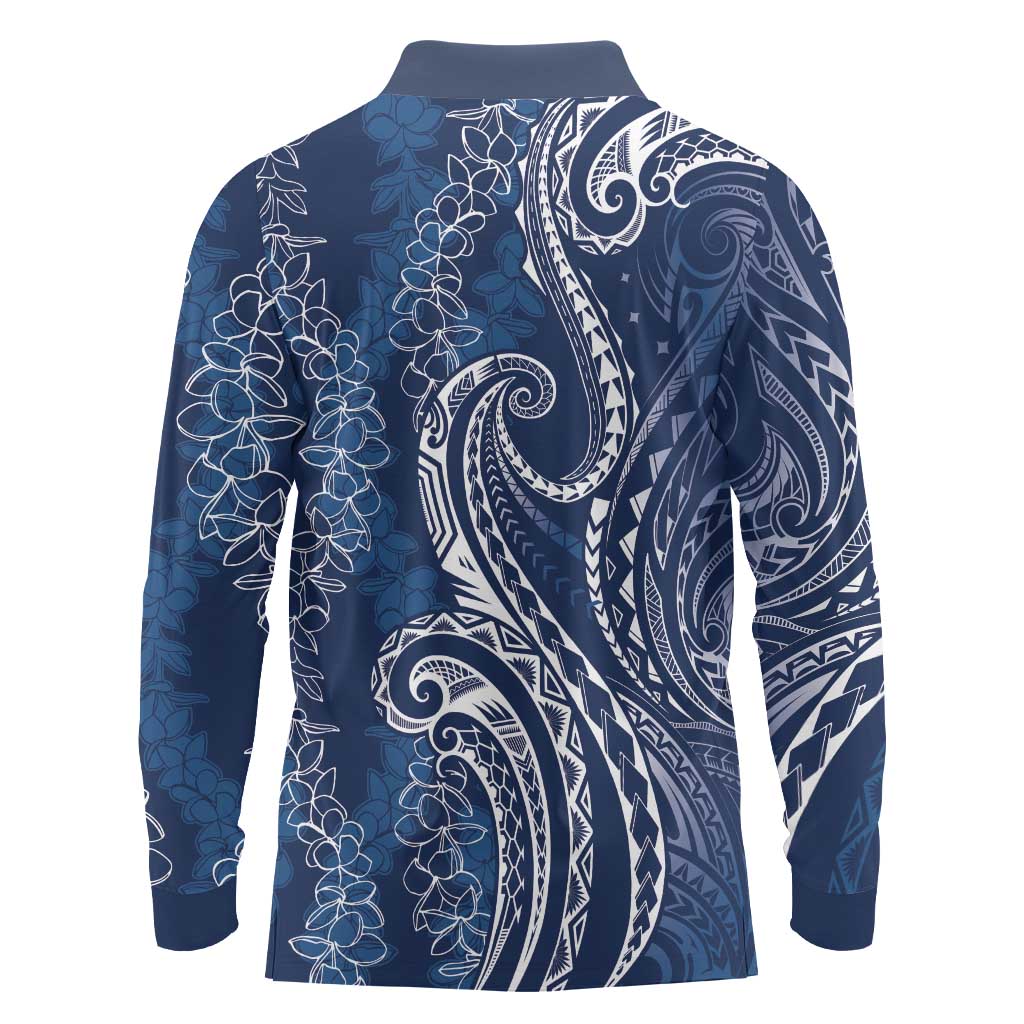 Polynesia Plumeria Lei Long Sleeve Polo Shirt Navy Blue Curves Motif