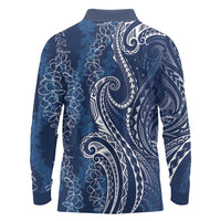 Polynesia Plumeria Lei Long Sleeve Polo Shirt Navy Blue Curves Motif