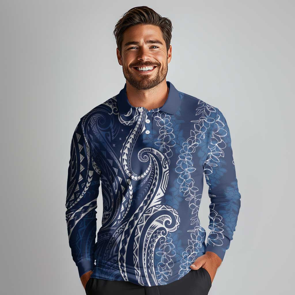 Polynesia Plumeria Lei Long Sleeve Polo Shirt Navy Blue Curves Motif