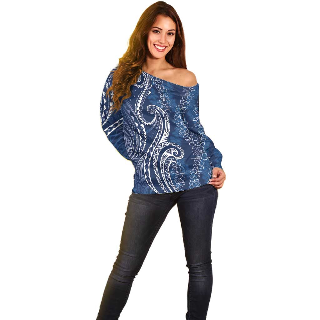 Polynesia Plumeria Lei Off Shoulder Sweater Navy Blue Curves Motif