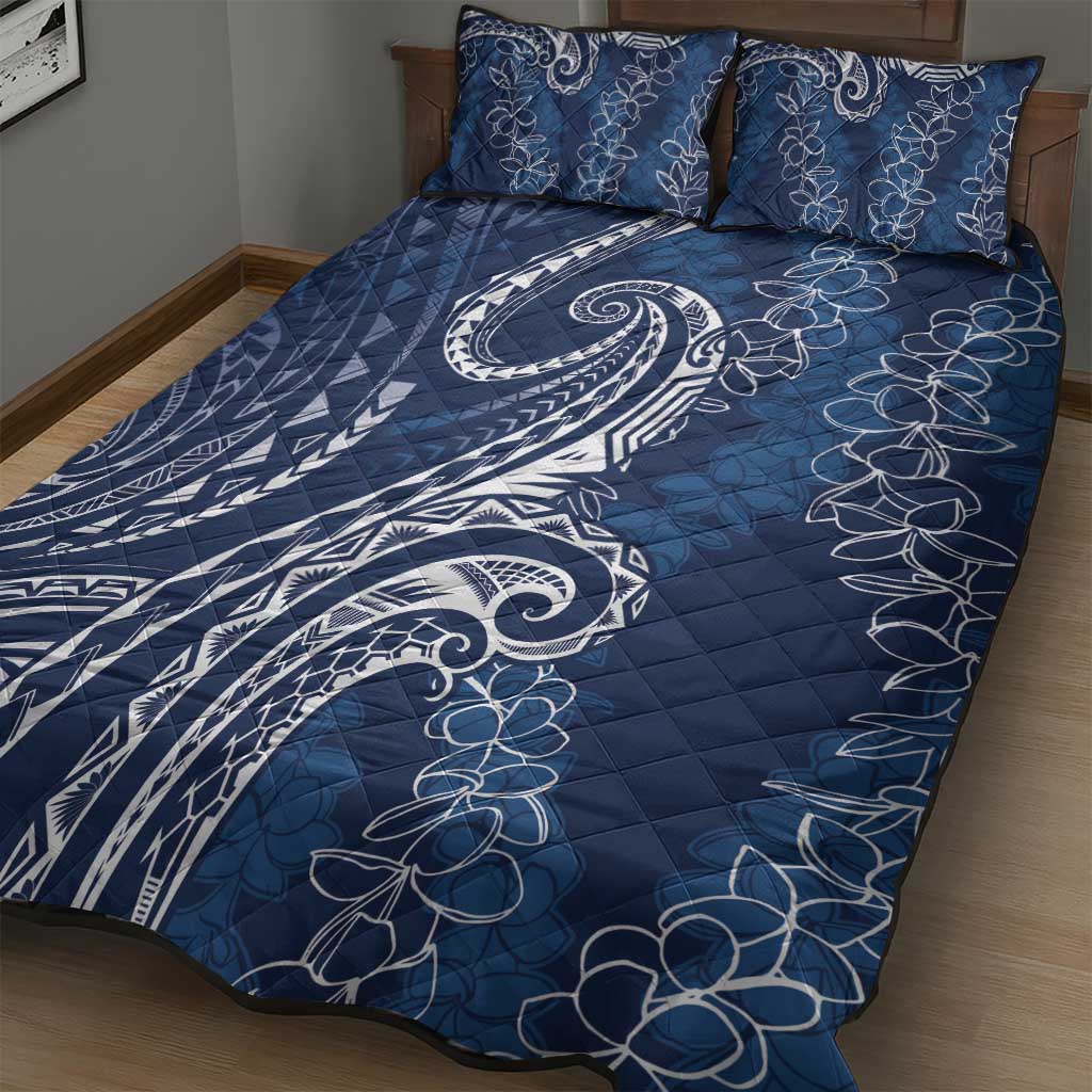 Polynesia Plumeria Lei Quilt Bed Set Navy Blue Curves Motif