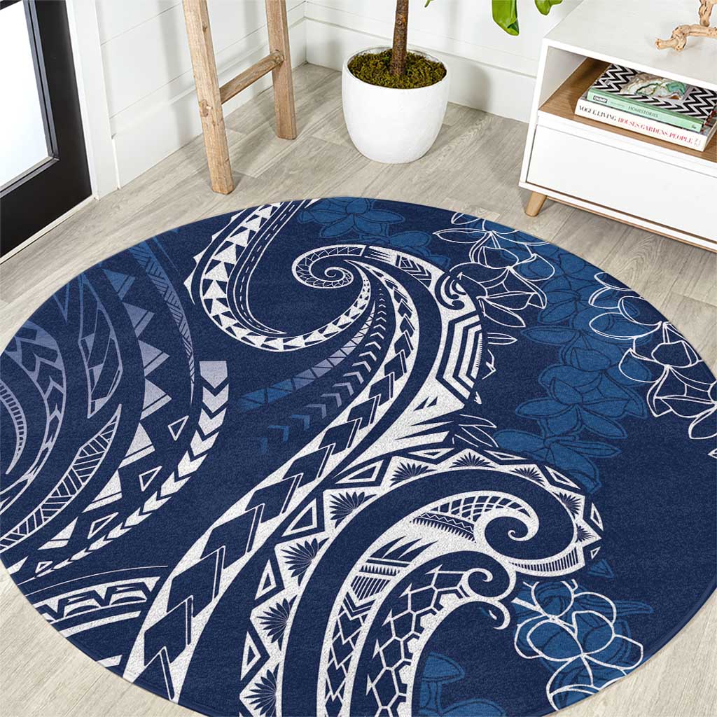 Polynesia Plumeria Lei Round Carpet Navy Blue Curves Motif