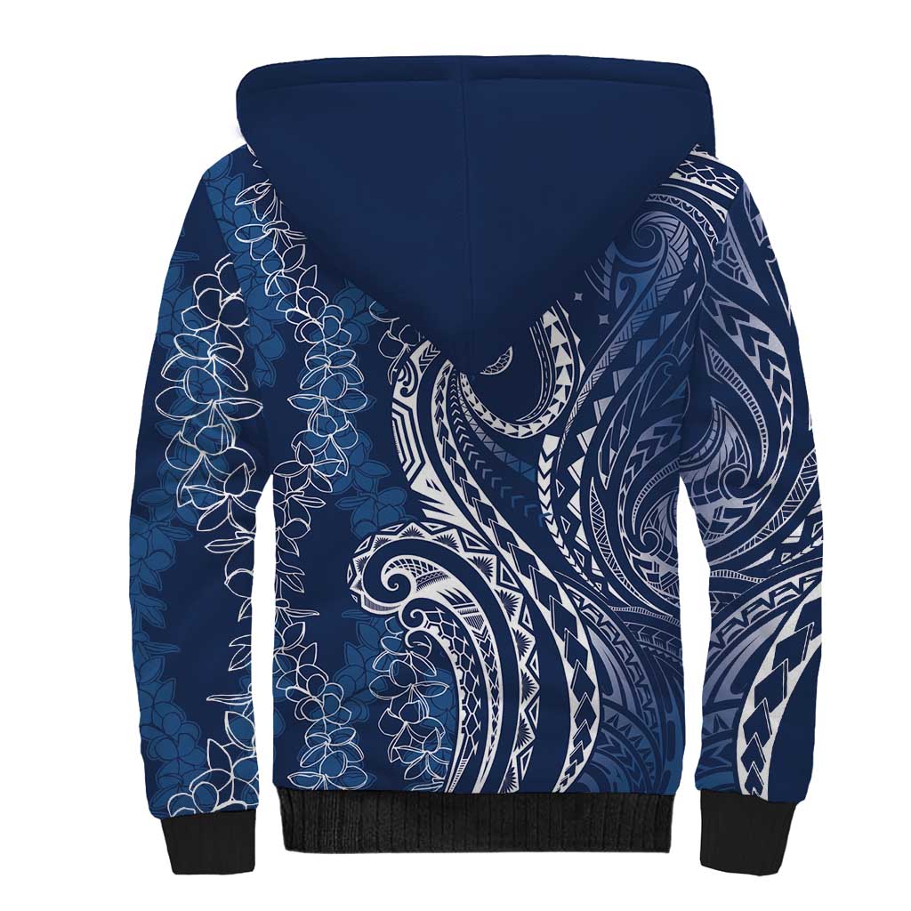 Polynesia Plumeria Lei Sherpa Hoodie Navy Blue Curves Motif LT7 - Polynesian Pride
