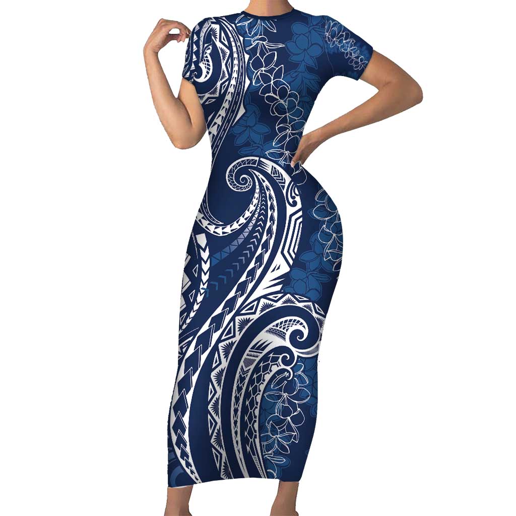 Polynesia Plumeria Lei Short Sleeve Bodycon Dress Navy Blue Curves Motif