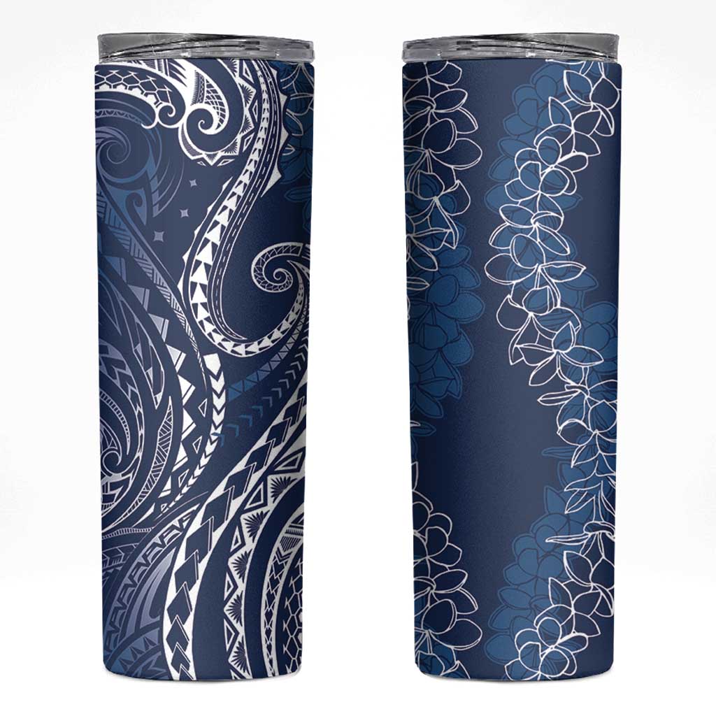 Polynesia Plumeria Lei Skinny Tumbler Navy Blue Curves Motif