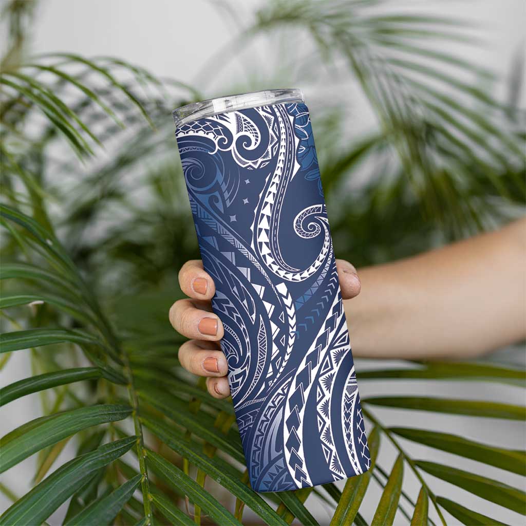 Polynesia Plumeria Lei Skinny Tumbler Navy Blue Curves Motif