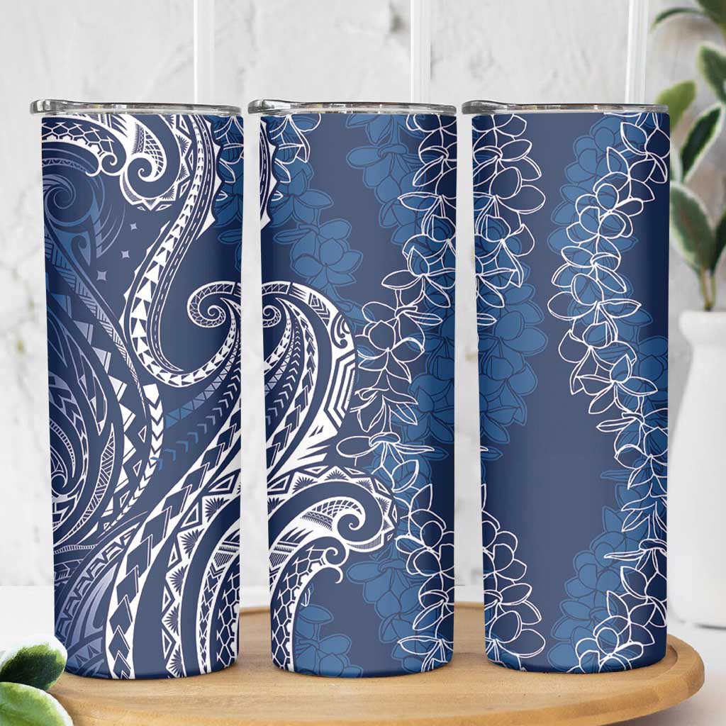 Polynesia Plumeria Lei Skinny Tumbler Navy Blue Curves Motif