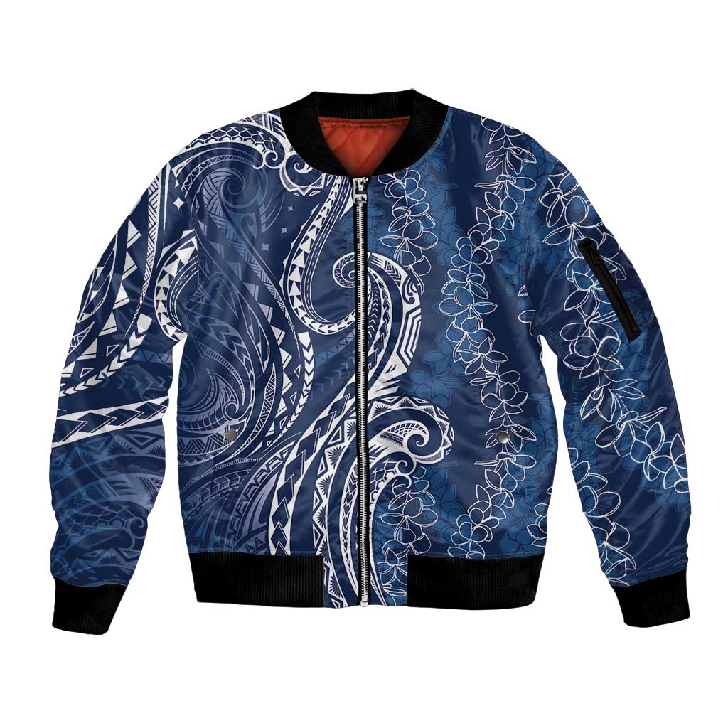 Polynesia Plumeria Lei Sleeve Zip Bomber Jacket Navy Blue Curves Motif