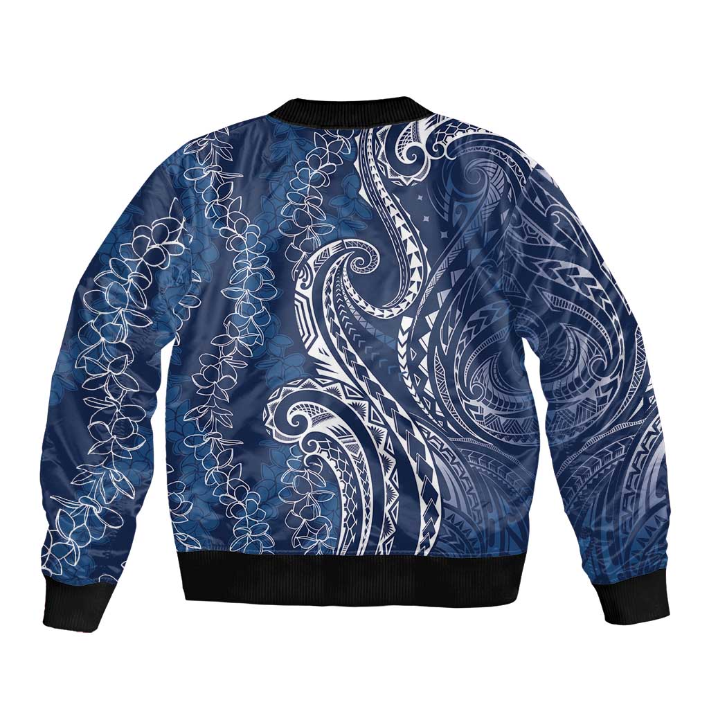 Polynesia Plumeria Lei Sleeve Zip Bomber Jacket Navy Blue Curves Motif