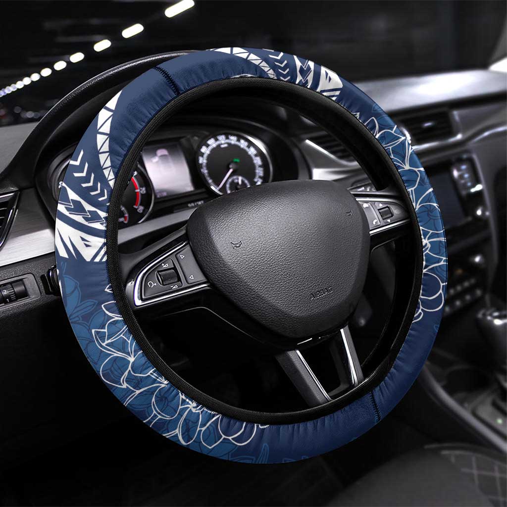 Polynesia Plumeria Lei Steering Wheel Cover Navy Blue Curves Motif LT7 Universal Fit Navy Blue - Polynesian Pride