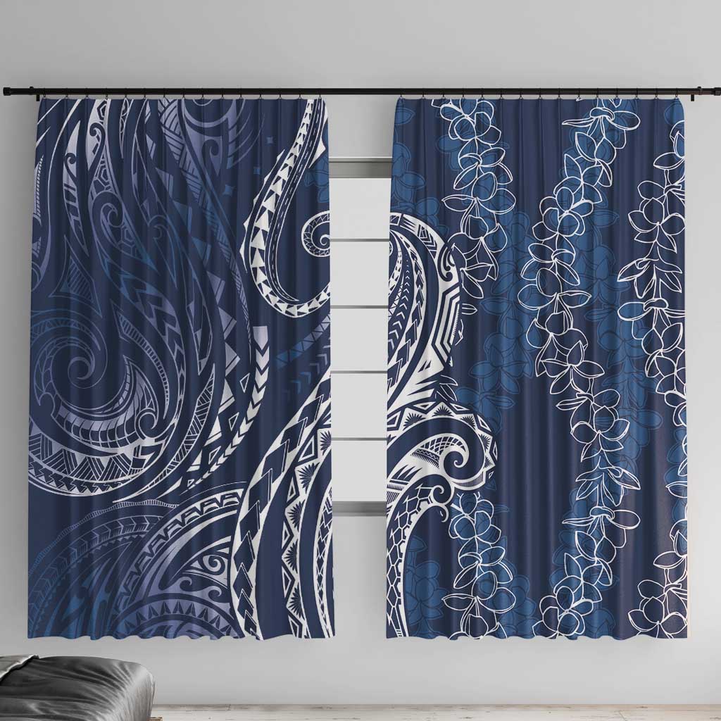 Polynesia Plumeria Lei Window Curtain Navy Blue Curves Motif