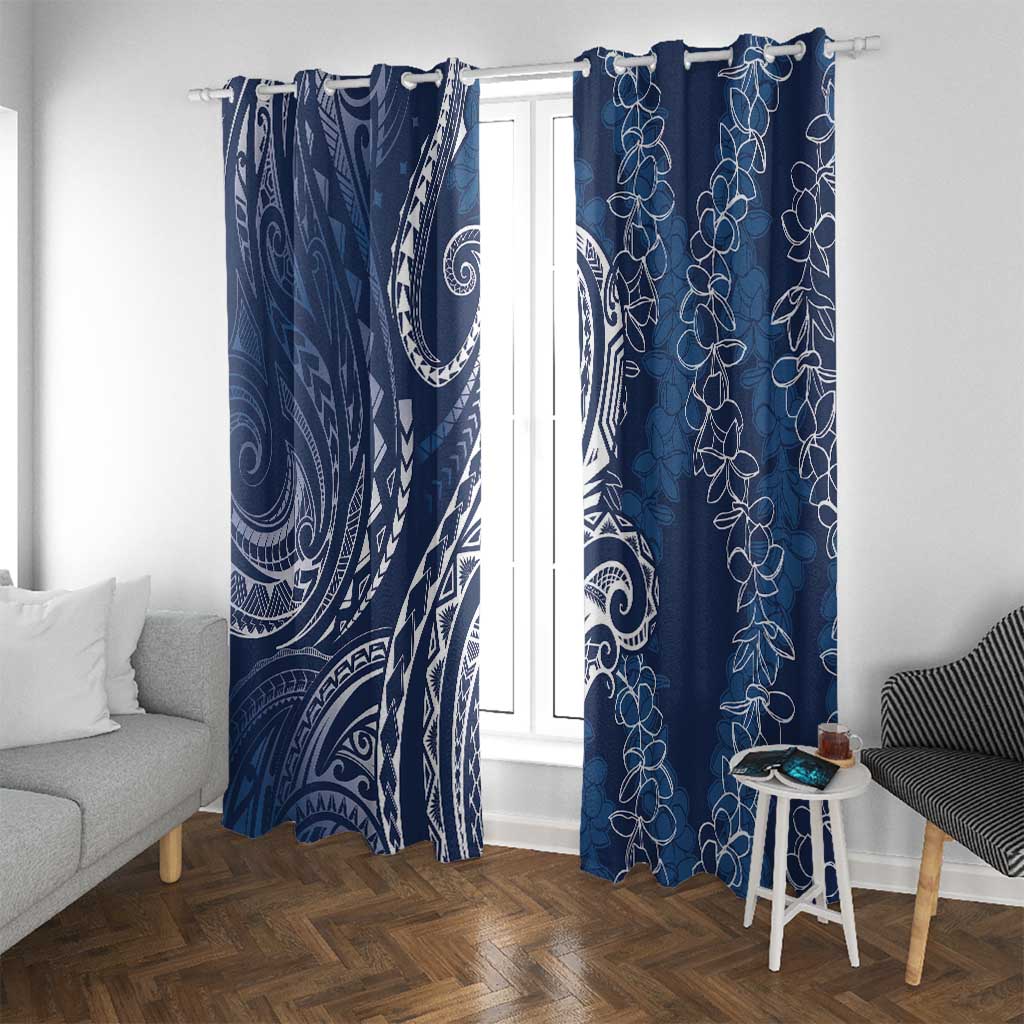 Polynesia Plumeria Lei Window Curtain Navy Blue Curves Motif